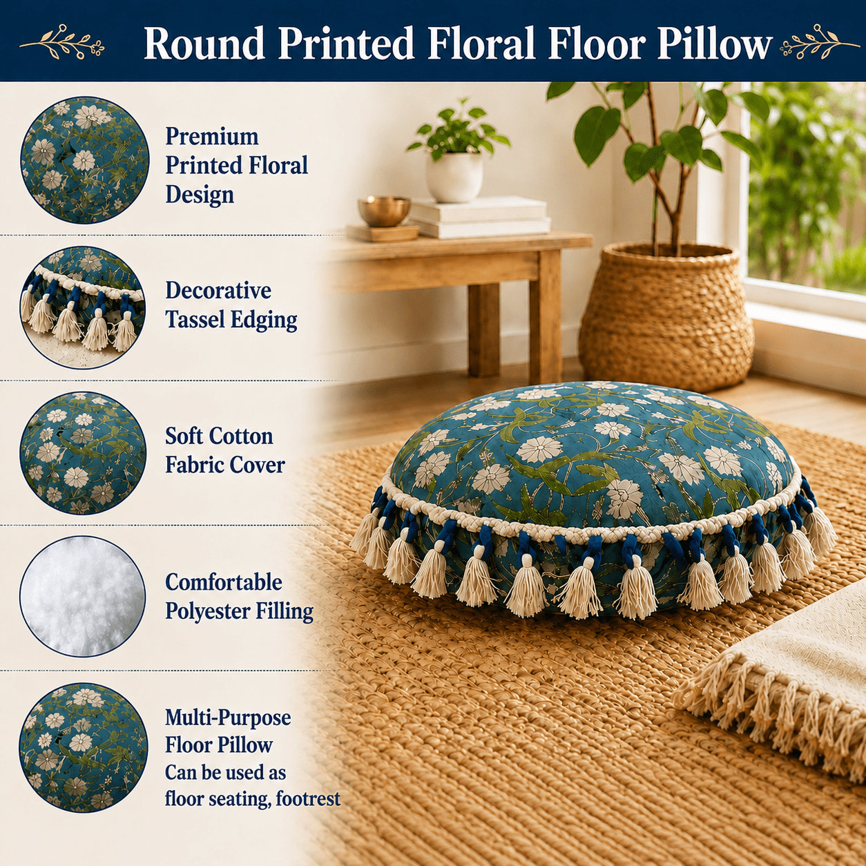 Printed Floor Cushion with Tassels 20x20x3.5 Inch Bohemian Floral Cotton for Living Room Meditation