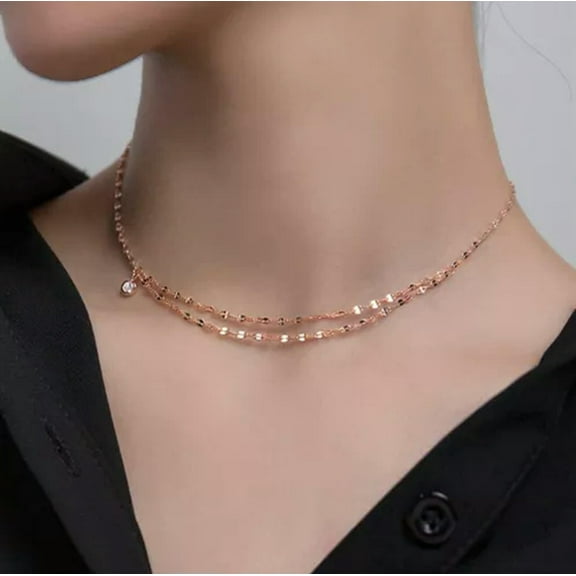 GKNET Minimalist Choker Tiny Round CZ Charm 925 Sterling Silver Necklace A2754-Rose gold