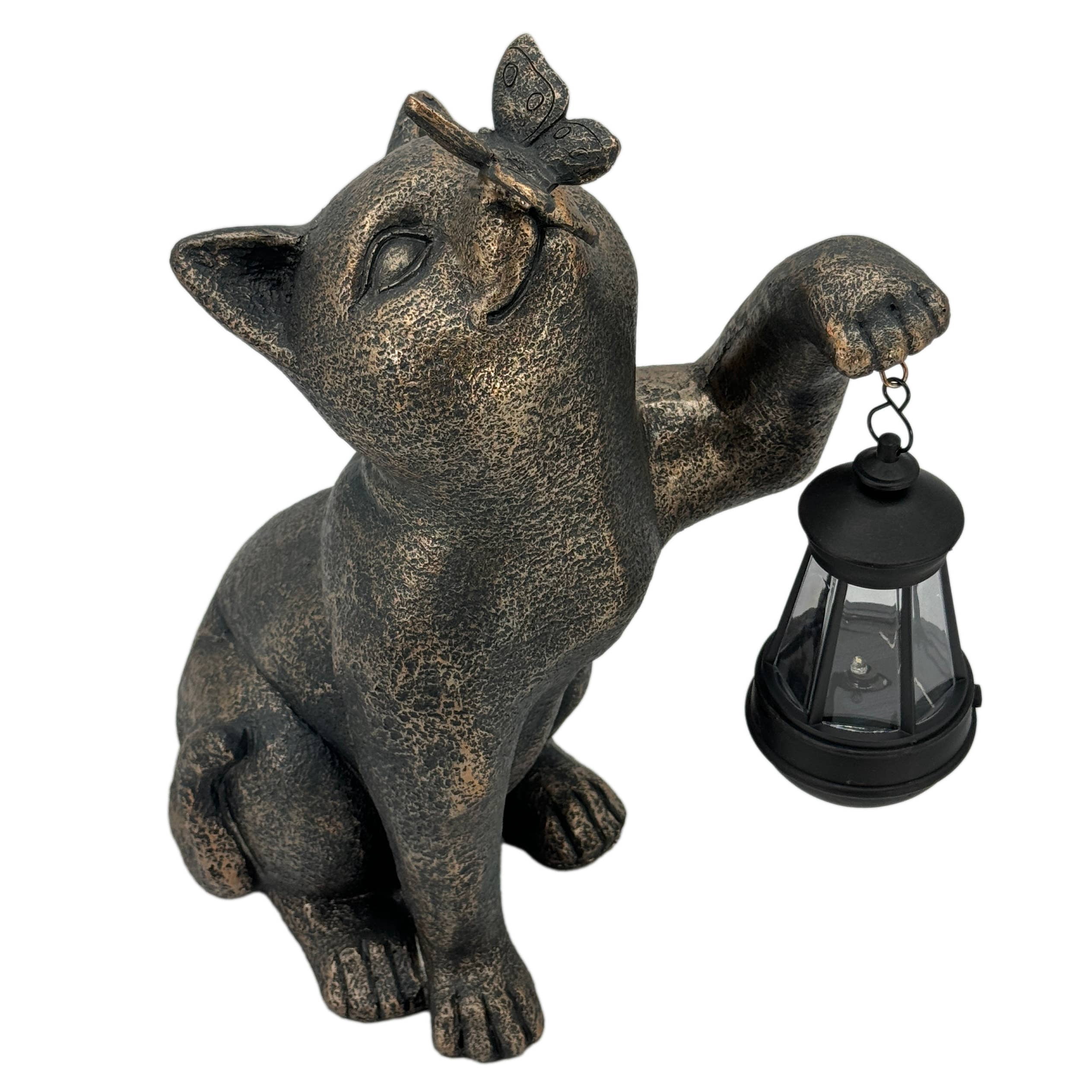 Galt International Solar LED Lantern Kitty Cat & Butterfly Statue