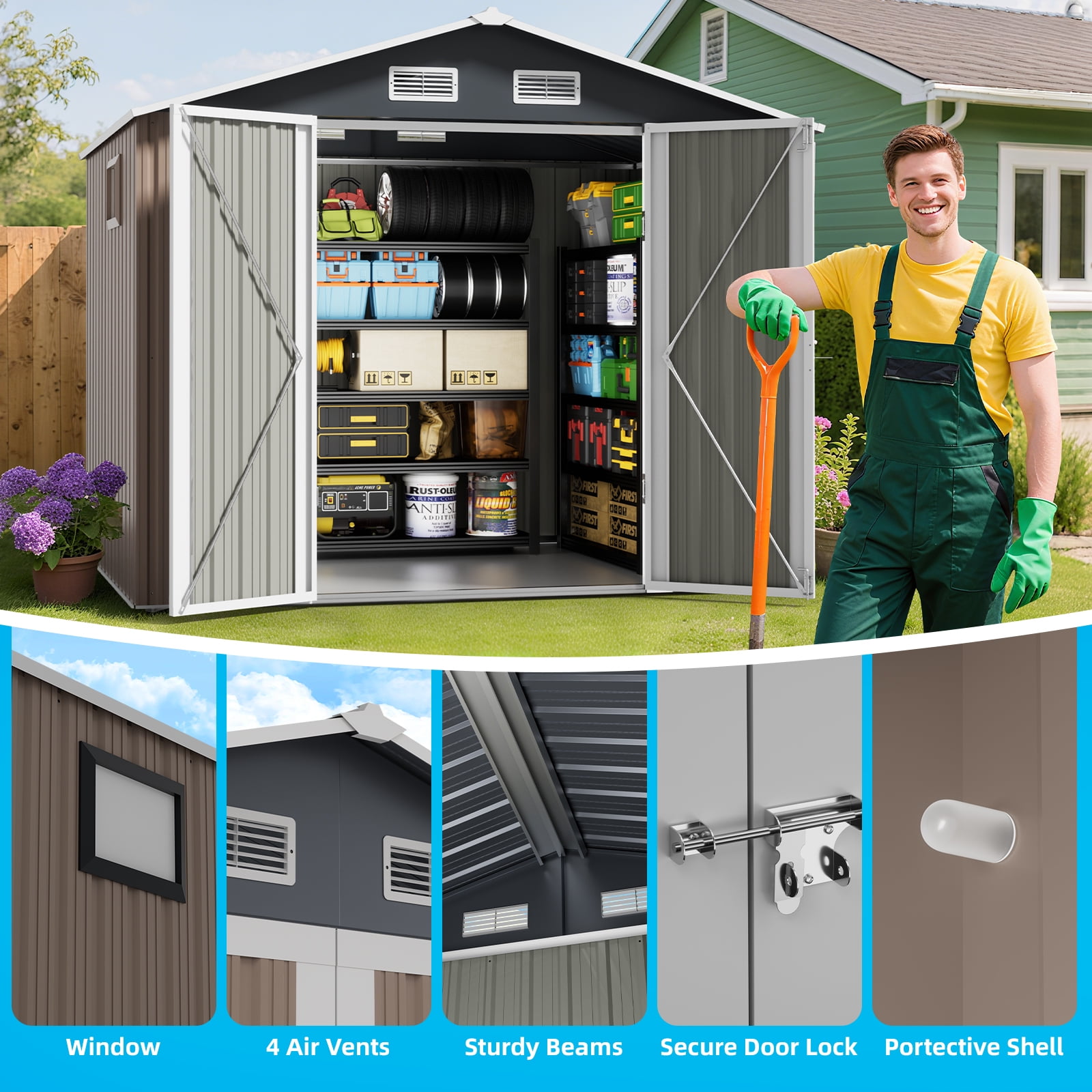 DISHUP Outdoor Storage Shed, 8x6 ft Metal Shed with Window＆Lockable Doors, Ideal for Backyard, Garden and Patio