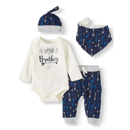 Miniville Long Sleeve Bodysuit, Jogger Pant, Bandana Bib & Hat, 4pc Outfit Set (Baby Boys)