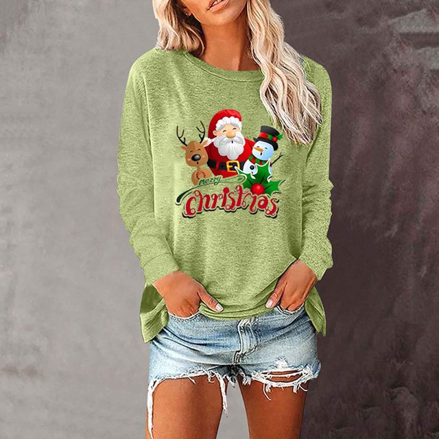 Qertyioot Chandail en Molleton d'Hiver pour Femmes Imprimé de Noël, Manches Longues Décontracté Col Rond Mode Pull