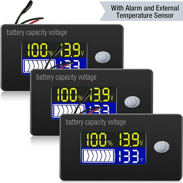 2 Pieces Battery Capacity Voltage Meter with Alarm and External