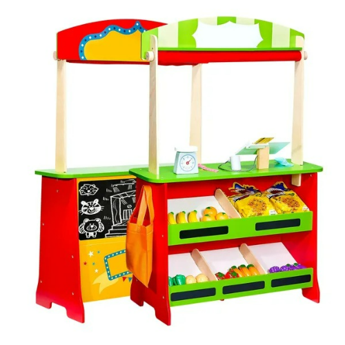 Wooden Puppet Theater 2-in-1 Reversible Play Store Kids Play Market Stand
