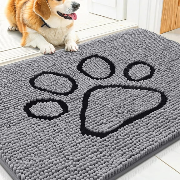 Dog Door Mat for Muddy Paws, Absorbent Dirt Trapper Non Slip Quick Dry Washable Chenille Mat for Mud Dogs, Entry Rug for Indoor and Outdoor (30x20 Inches, Grey)