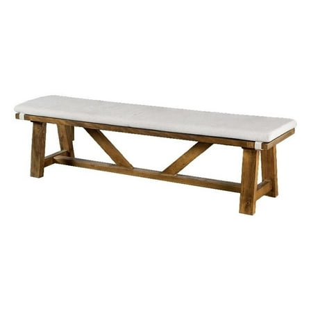 Jule Dining Bench- Trestle Base- 69 Inch- Brown Wood with Off White Seat