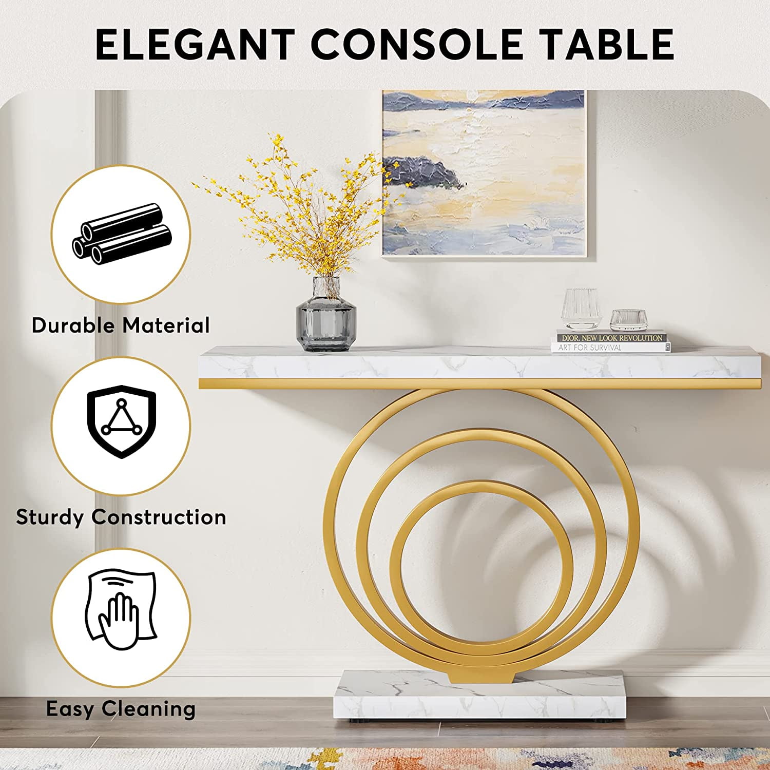 Tribesigns 41 Inch White Console Table with Gold Ring Base, Modern Entryway Sofa Table Narrow Long, Geometric Contemporary Accent Table for Living Room, Entryway, Hallway, Entrance, Faux Marble White