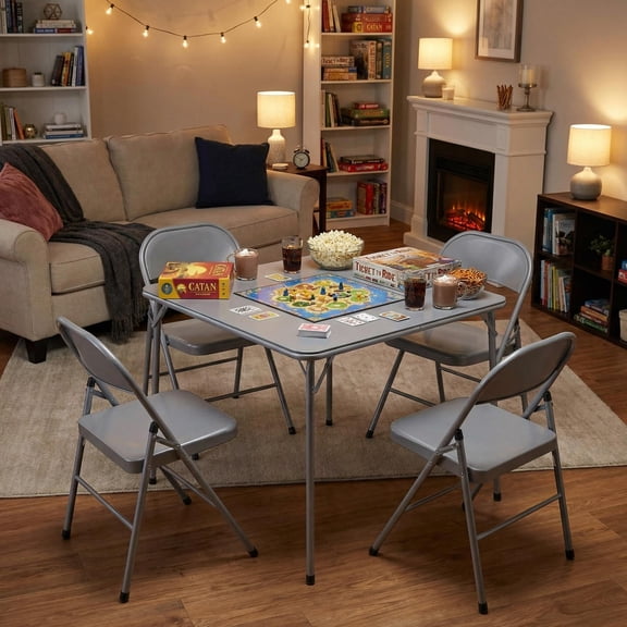 Square Folding Card Table, No Assembly Portable Dining Game Table for 4, PVC Top Metal Frame Space-Saving Table for Indoor Outdoor Use