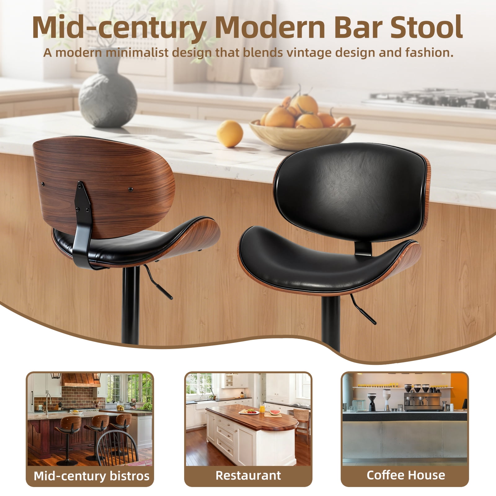 Swivel Bar Stools Set of 2 Adjustable Counter Barstools ,PU Leather Bentwood Stools Chairs with Footrest for Kitchen Island, Dining Room, Home Bar, Black