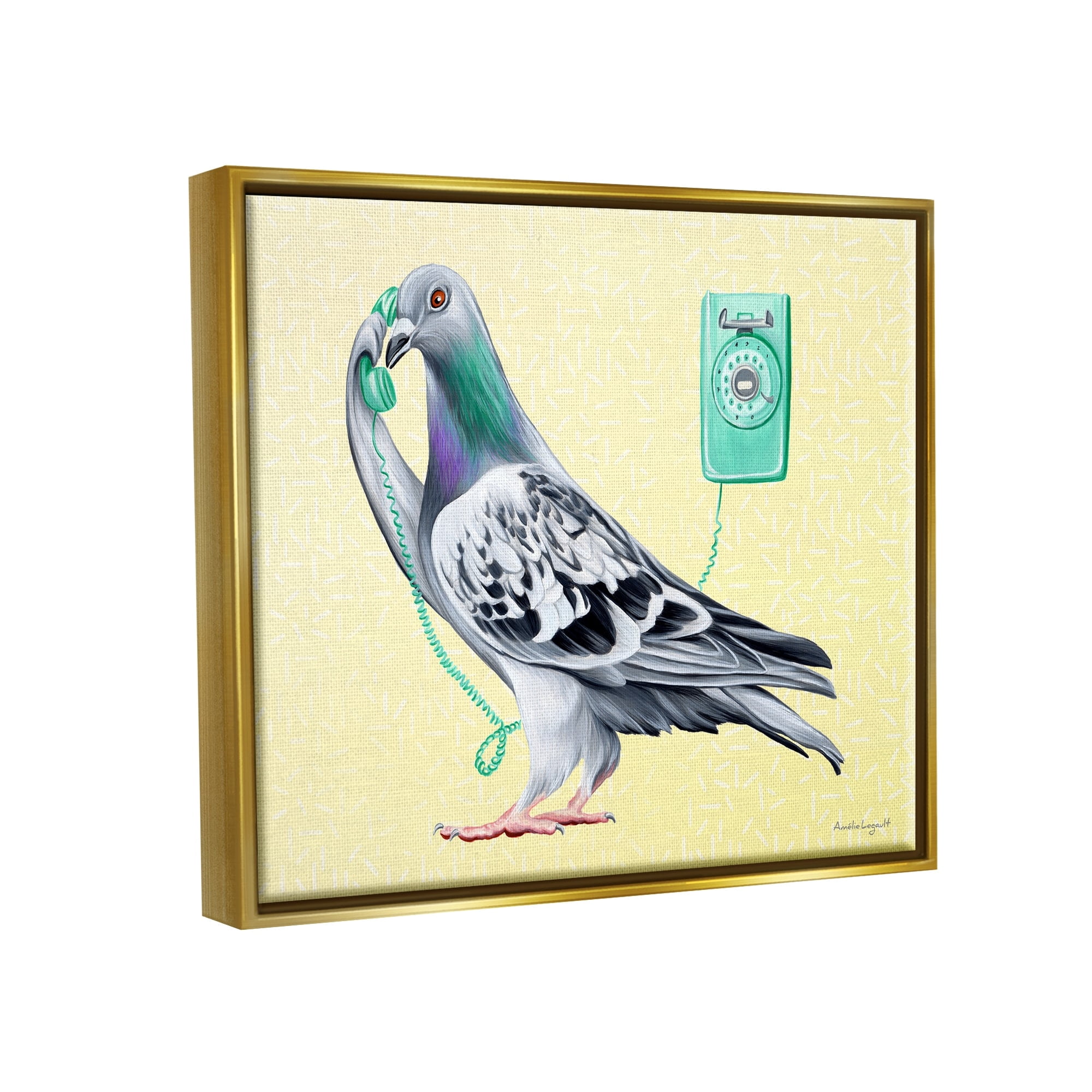 Stupell Industries Pastel Pigeon Vintage Phone Call Yellow Background Graphic Art Metallic Gold Floating Framed Canvas Print Wall Art, Design by Amelie Legault