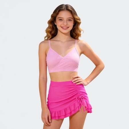 Ticikt Girls High Waisted Bikini Sets High Waist Swim Skirt Two Piece Retro Swimsuit for Teen Kids Hot Pink