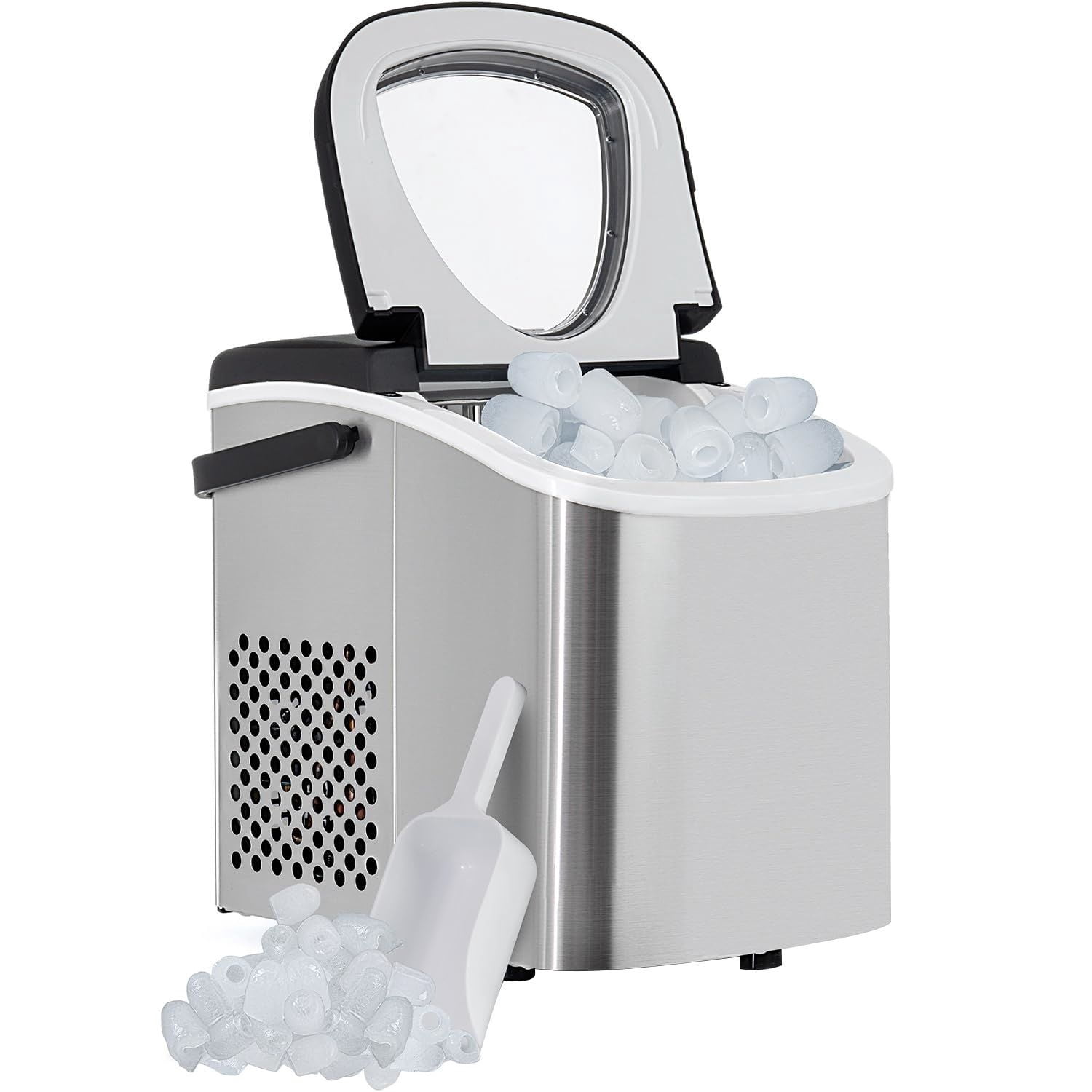 Compact Countertop Ice Maker, 26LBs in 24HRs, 9 Bullet Ice Cubes Ready in 6 Minutes, Lightweight and Portable with Handle, Ice Basket, and Ice Scoop, Stainless Steel