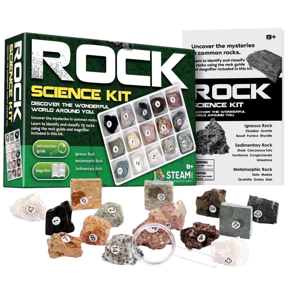 Rockin' Collection 15-Piece Rock Specimen Science Kit - STEM Geology Set for Kids Ages 8  with Magnifying Glass, Identification Guide & Storage Tray, Educational Earth Science Toy Gift