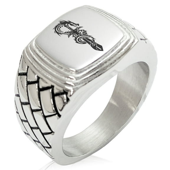 Stainless Steel Exalted Dragon Blade Geometric Pattern Step-Down Biker Style Polished Ring