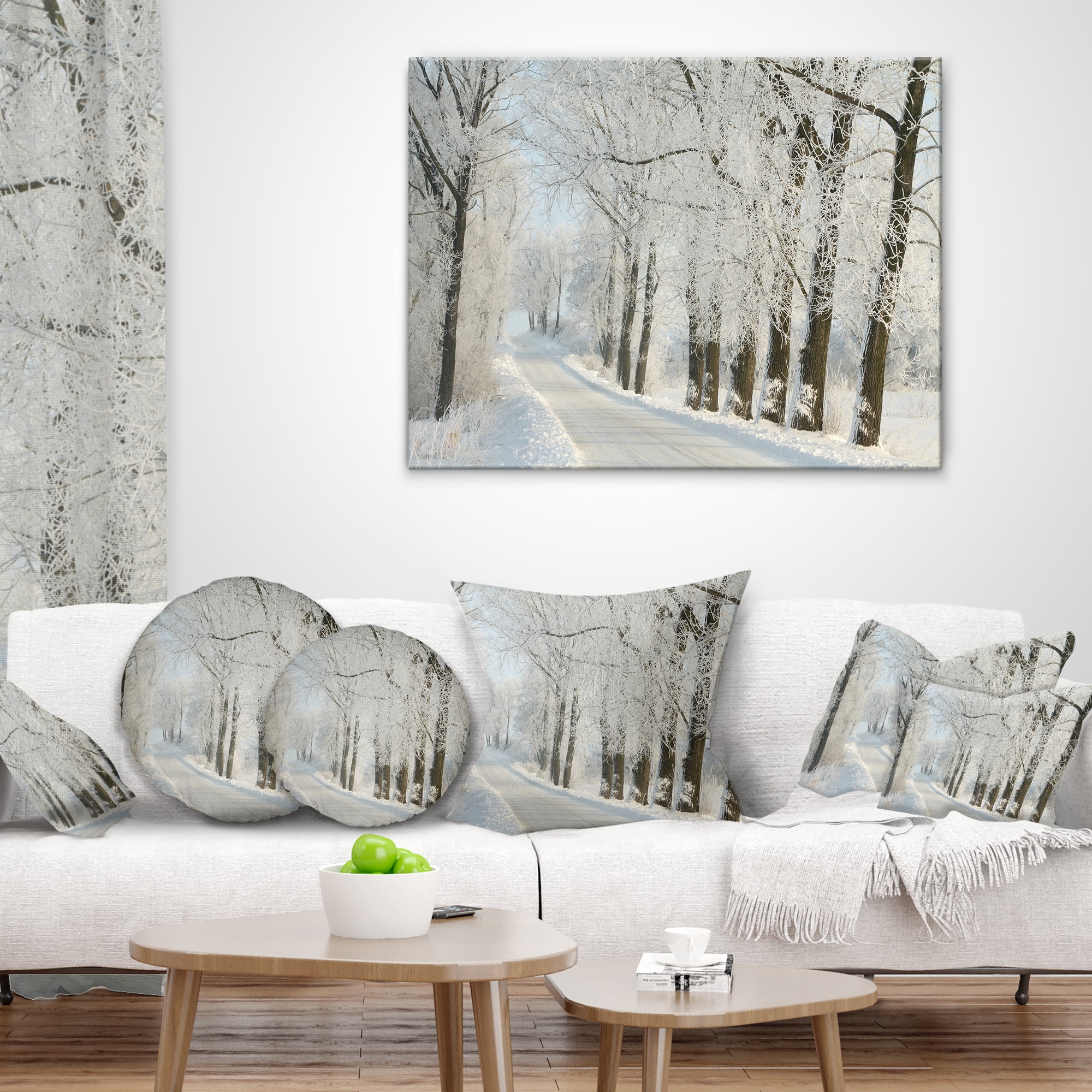 Designart Winter Rural Road Among Frosted Trees - Forest Throw Pillow - 12x20