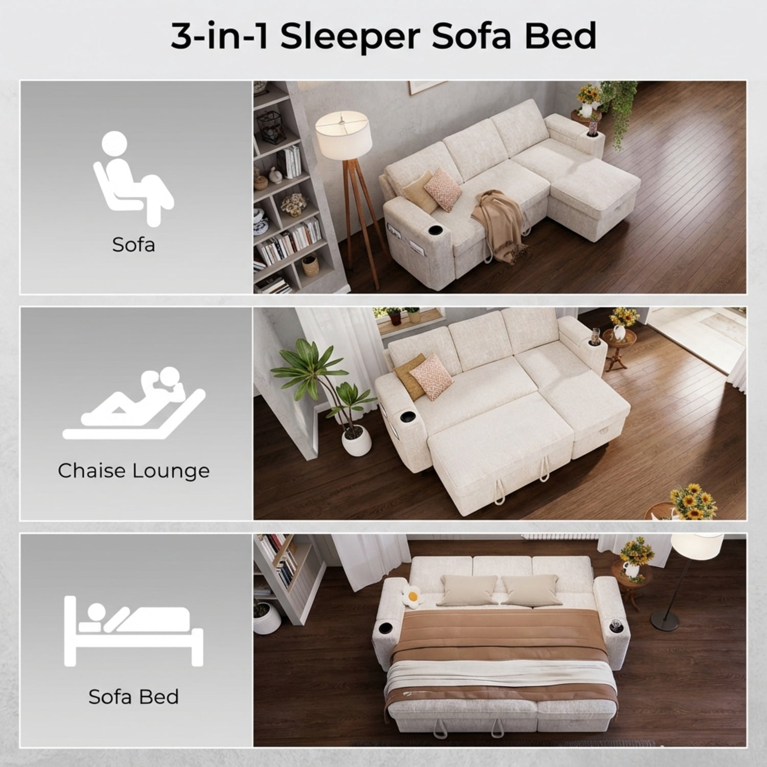82" Sleeper Sofa Bed with Pull Out Couch, L-Shaped Sectional Sofa with Reversible Storage Chaise, Cup Holders & Side Pockets, Premium Chenille Fabric, Beige