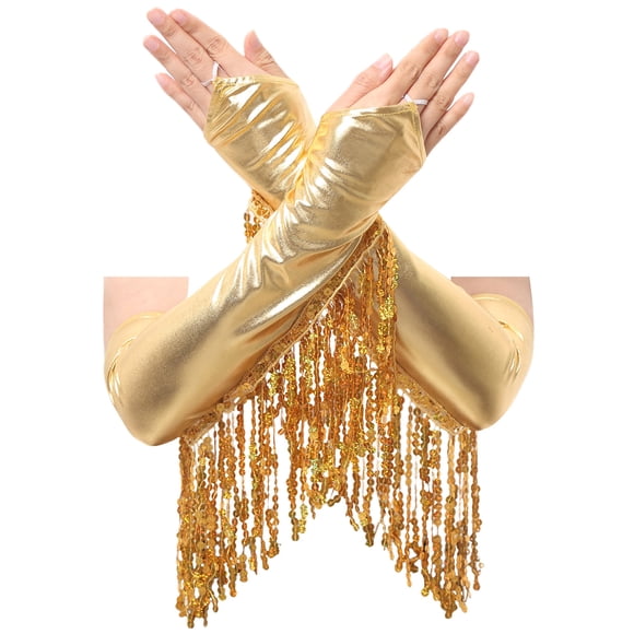 Lejafay Gants Longs Brillants Métallisés à Franges pour Femmes, Paillettes, Longueur Coude, Sans Doigts, Or, Taille Unique