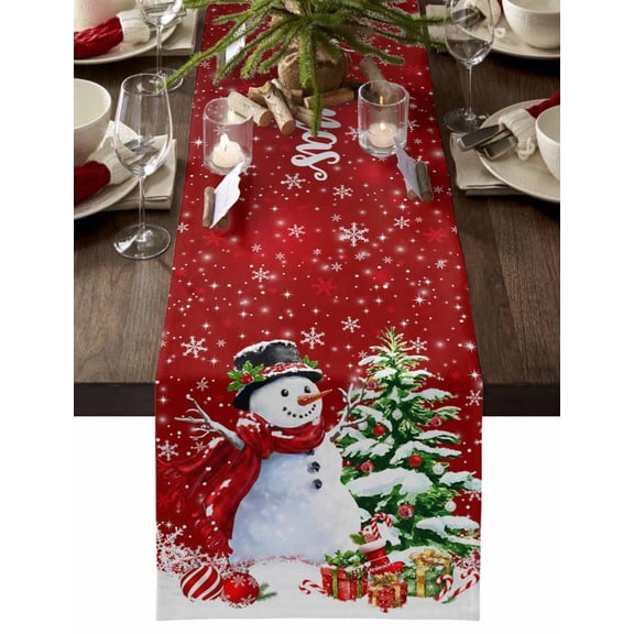 ERUNPONLY Red Christmas Snowman Table Runner - 48 Inch Long Xmas Balls Tree Snowflake Gifts Cotton and Linen Blended Dress Scarves Farmhouse Table Runner for Kitchen Dining, Coffee Table, 13" x 48"