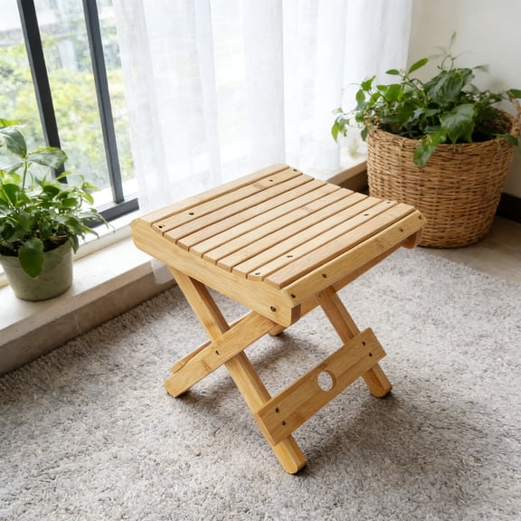 Bamboo Folding Stool, Natural Bamboo, 11x12 Inch, Portable Small Chair for Shower, Spa, Foot Rest, Leg Shaving, Sturdy X-Shaped Frame