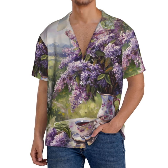 Balery Lilacs Teapot Scenic Painting Camisa Casual de Manga Corta con Botones para Hombre, Texturizada, Estilo Cubano, para Playa, Verano-X-Large
