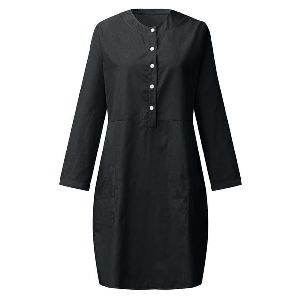 Mrat Chiffon Dresses for Women Women Fashion Round-Neck Pockets Button Dress Solid Long Sleeve Dress Club Dresses for Women S-9 Black L