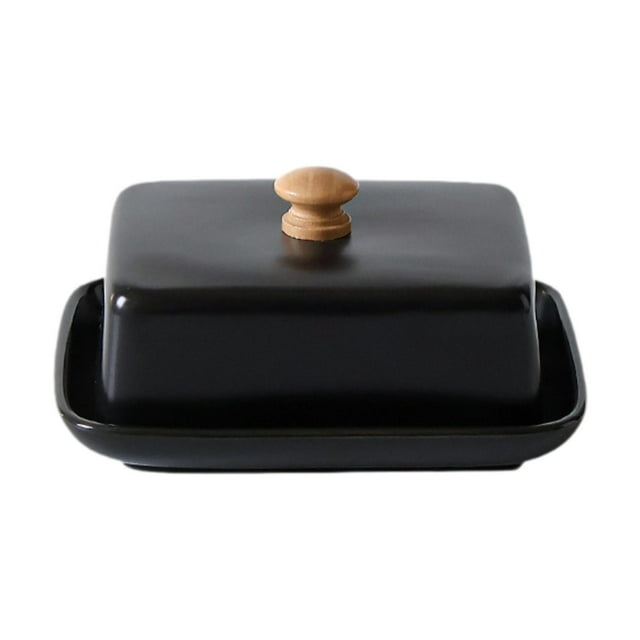 Mantequera de cerámica con tapa, elegante y grande, para guardar mantequilla y queso crema. Negro