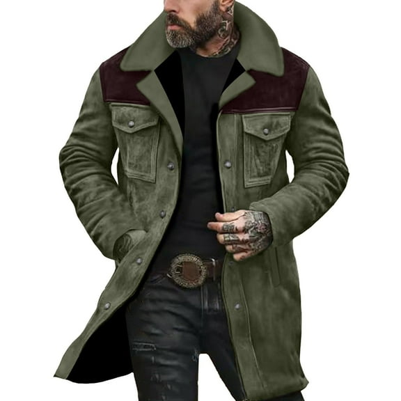gbyLJF Men's Fleece Lapel Overcoats Long Sleeve Color Blocked Jackets Long Zipper Button Down Casual Coat Winter Outwear