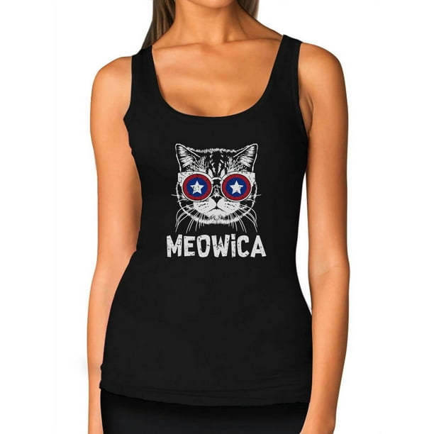 Women's Funny Patriotic USA Tank Top American Flag Meowica 4th of July Tank Top Small Black