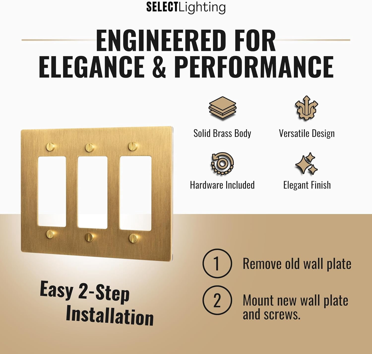 Select 3-Gang Satin Brass Wall Plate, Electrical Receptacle Wall Outlet Faceplate, GFI/Rocker Decorator Light Switch Cover