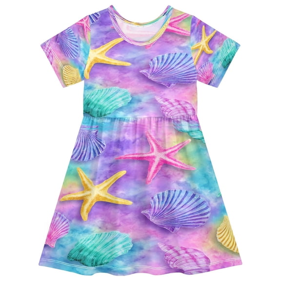 Toddler Girls Short Sleeve Summer Dress, Cute Casual Print Dress for Girls 2-8 Years, Soft Breathable Comfortable Daily Beach Party Dress Magical Seashell Wonderland