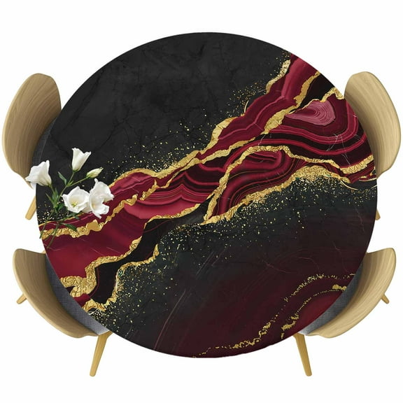 Red Marble Fitted Tablecloth with Elastic Edged, Round Table Cloth for Dining Table, Gold Abstract Vintage Modern Ombre Art Waterproof Oil Proof Table Cover for Indoor Outdoor 36"-44"