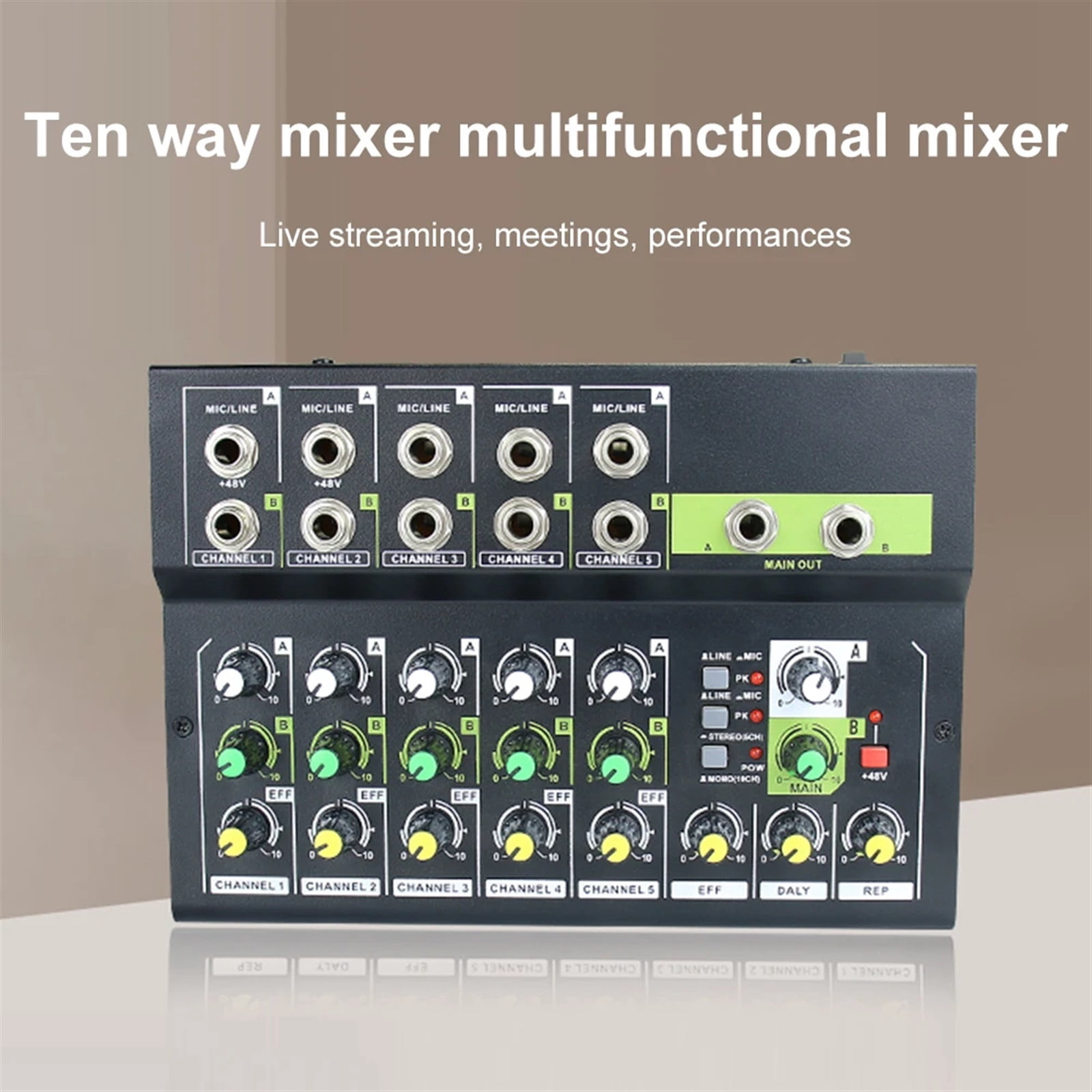 Professional 10 Channel Digital Mini Audio Mixer Stereo Mic/Line Mini Mixer 48V Volume Control for Recording DJ Live Broadcast ,Precision Control