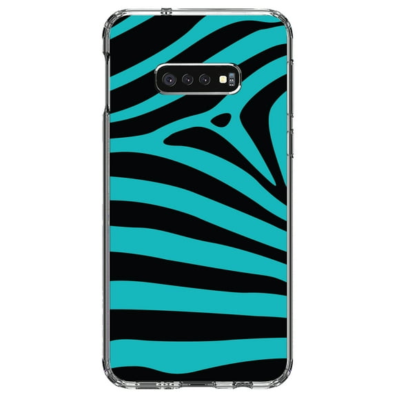 DistinctInk Clear Shockproof Hybrid Case for Samsung Galaxy S10e (5.8" Screen) - TPU Bumper, Acrylic Back, Tempered Glass Screen Protector - Teal Black Zebra Stripes