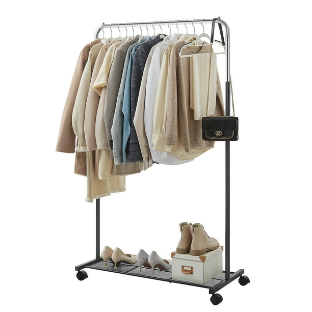 SONGMICS Perchero Burro con Ruedas, Perchero de Ropa, 40.5 x 91 x 158 cm, Estante de Malla Densa, 2 Frenos, Estructura de Acero, Plata y Negro