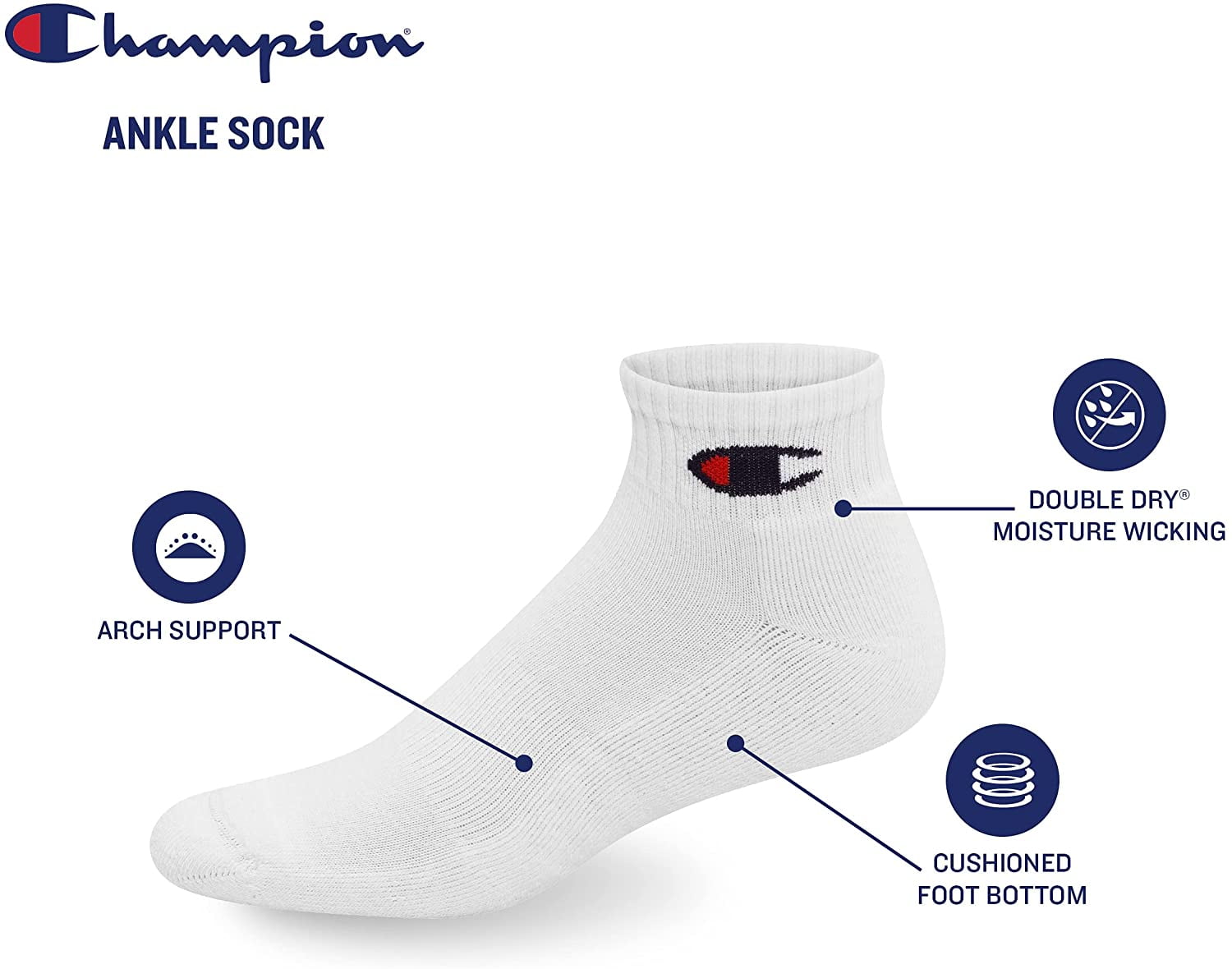 Champion, Adult Men's, Athletic Ankle Sock, 6-Pack, Size 6-12