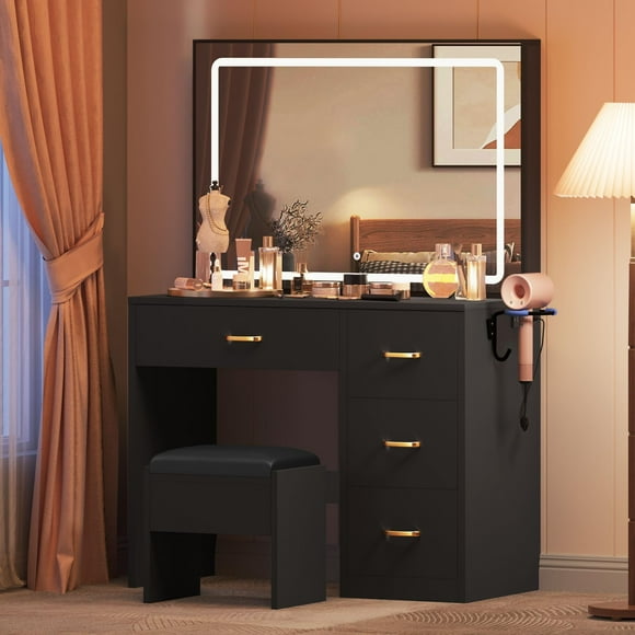 Makeup Vanity Table, Vanity Desk Set with Large Mirror and LED Lights, Brightness Adjustable, Vanity with 4 Drawers, Bedroom Vanity Table with Cushioned Stool for Women Girls, Charcoal Black