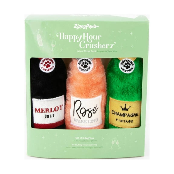 Zippy Paws Happy Hour Crushers - Wine Three Pack - Merlot, Rose, Champange - Plush Dog Toys