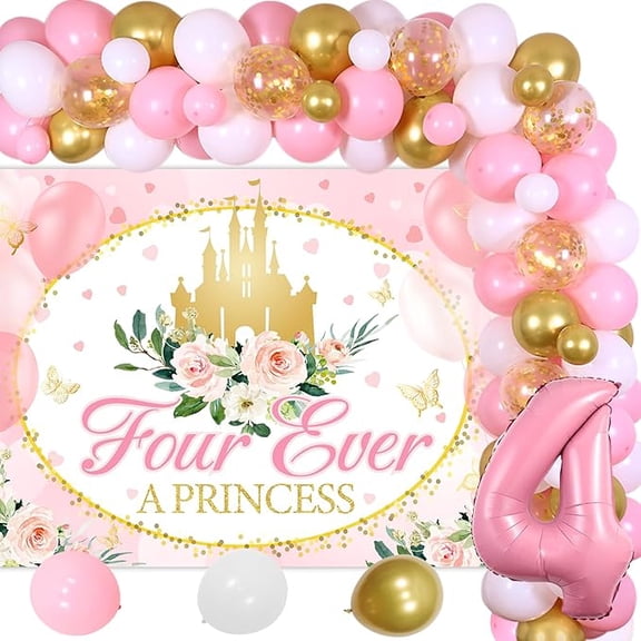 Four Ever a Princess Birthday Decorations Pink Gold Balloon Garland Arch Kit Crown Number 4 Foil Balloons Banner Castles Floral Backdrop for Girls 4 Years Old Birthday Party Decor Supplies