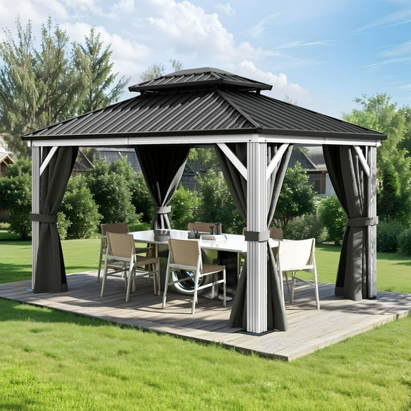 Dextrus 10' x 12'  Hardtop Gazebo with Netting & Curtains, Heavy Duty Double Roof Galvanized Steel Garden Tent for Patio, Backyard, Gray