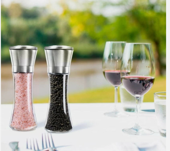 Premium Stainless Steel Salt and Pepper Grinder Set – Adjustable Ceramic Mill with Vintage Glass Bottle
