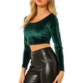 thumbnail image 4 of MODA NOVA Junior's Velvet Long Sleeve Off Shoulder Solid Crop Top Dark Green L, 4 of 5
