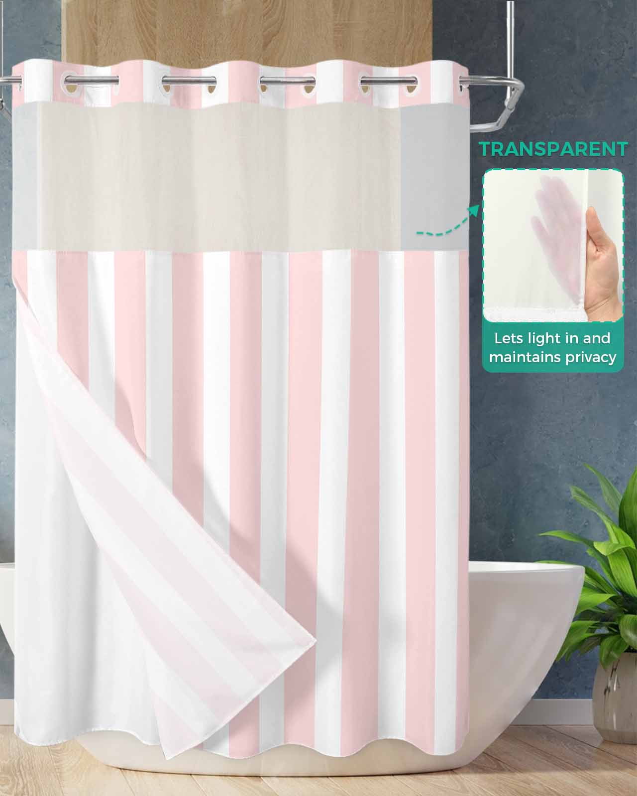 No Hook Shower Curtain with Snap in Liner, Pink and White Striped Geometric Hotel Shower Curtains for Bathroom, Washable Shower Curtain Liner Set with Mesh Top Window, 72"x72"