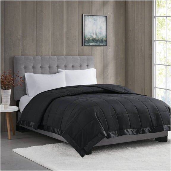 JERFIT Lightweight Down Alternative Comforter Black King Size, All Season Cooling Blanket with Satin Trim, Hypoallergenic, Machine Washable