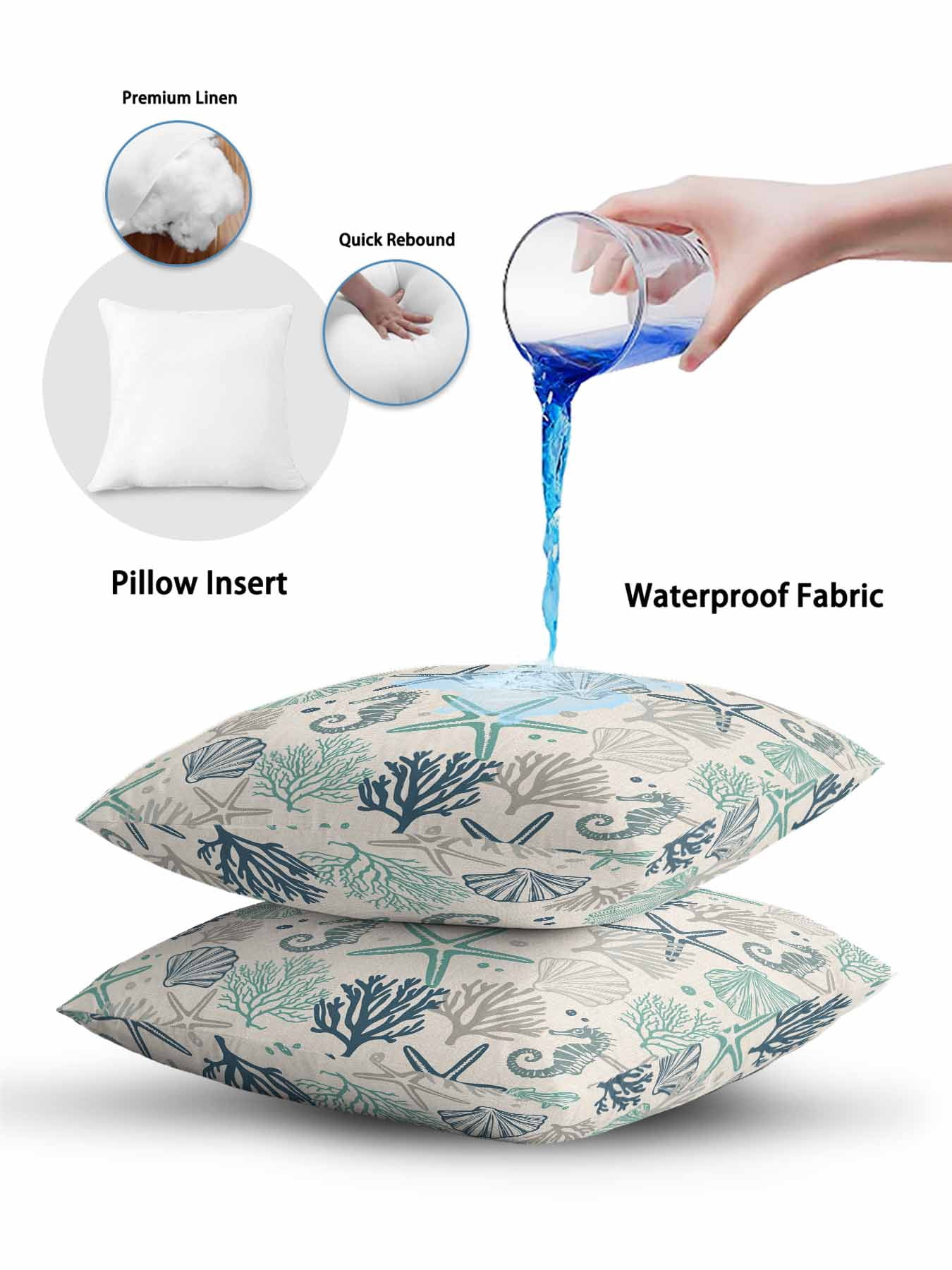 Waterproof Outdoor Throw Pillows with Inserts 16"x16" Set of 2,Blue Teal Coastal Soft Decorative Pillowcases for Bedroom,Summer Beach Starfish Coral Nautical Rustic Pillow Covers for Sofa Living Room