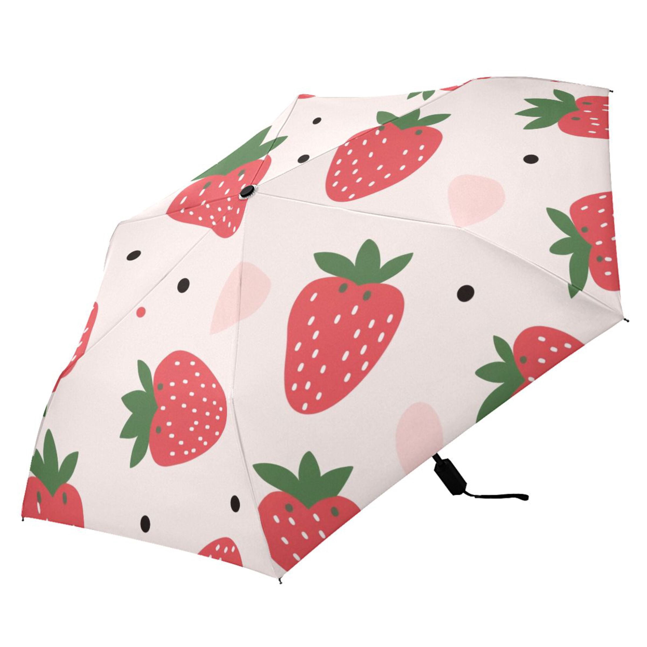 Cartoon Strawberry Compact Sun Umbrella Windproof Travel Umbrellas for Rain Strong Portable UV Protection