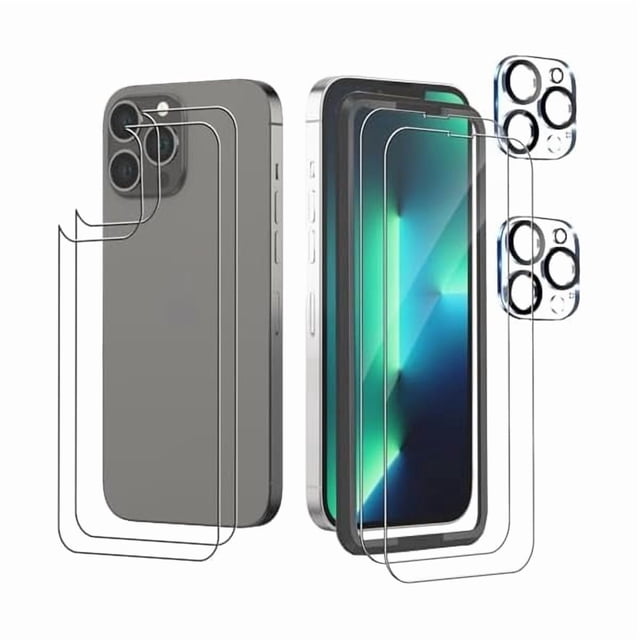 xixishop 2 Pcs Front Screen and 2 Back Glass Protector Compatible with iPhone 13 Pro+ 2 Camera Lens Protector, 9H Hardness, Easy to Install with Alignment Tool