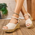thumbnail image 3 of Rokment Women's Platform Wedge Dressy Sandals Trendy Casual Faux Wood Chunky High Heels Peep Toe Ankle Strap Summer Shoes for Daily Vacation Beige Size 6, 3 of 7