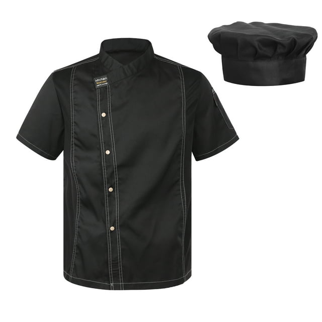 TSSOE Chef Coat with Hat Set Chef Jacket Kitchen Restaurant Work Uniform Chef Coat Shirt for Women Men Unisex Black A L