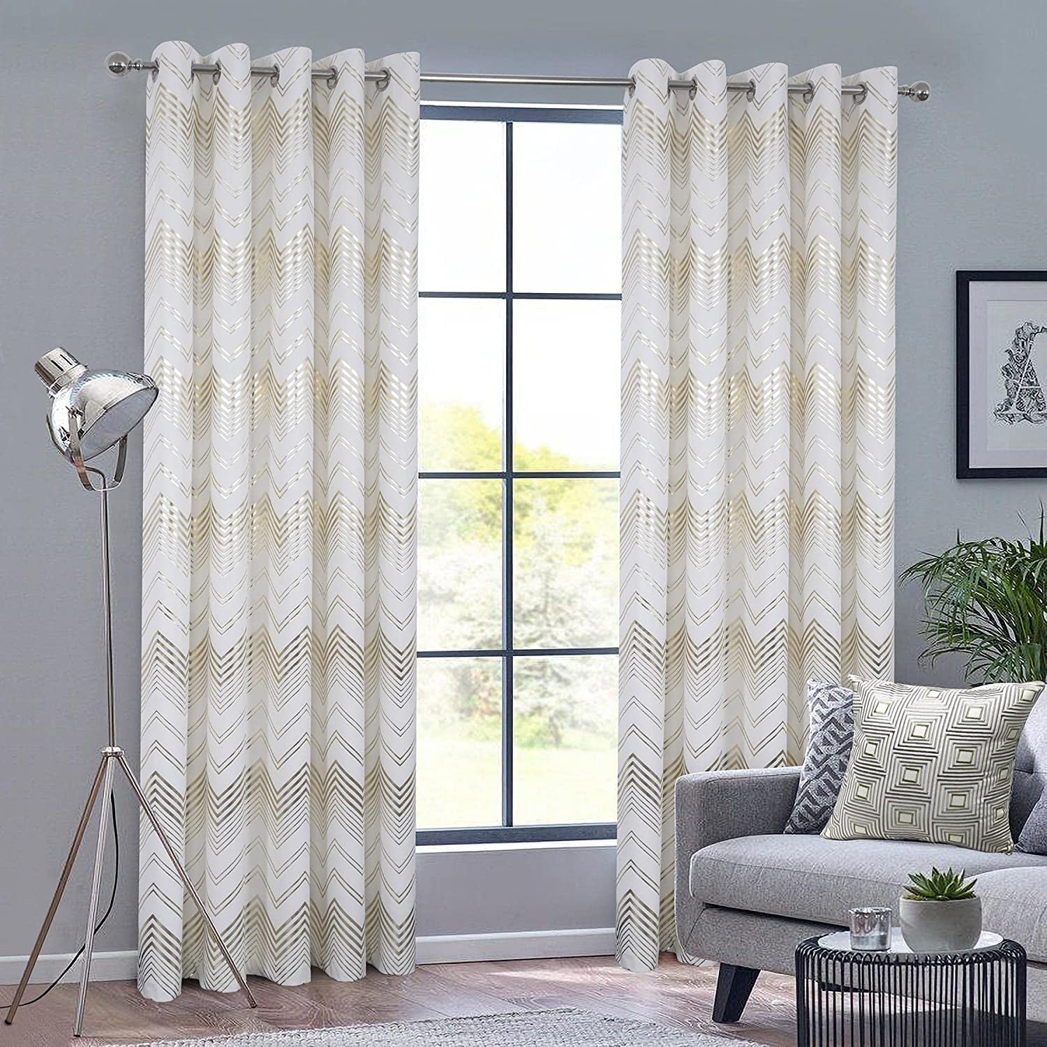 ERQI Soft Velvet Foil Print Curtains 95 Inches Long White and Gold