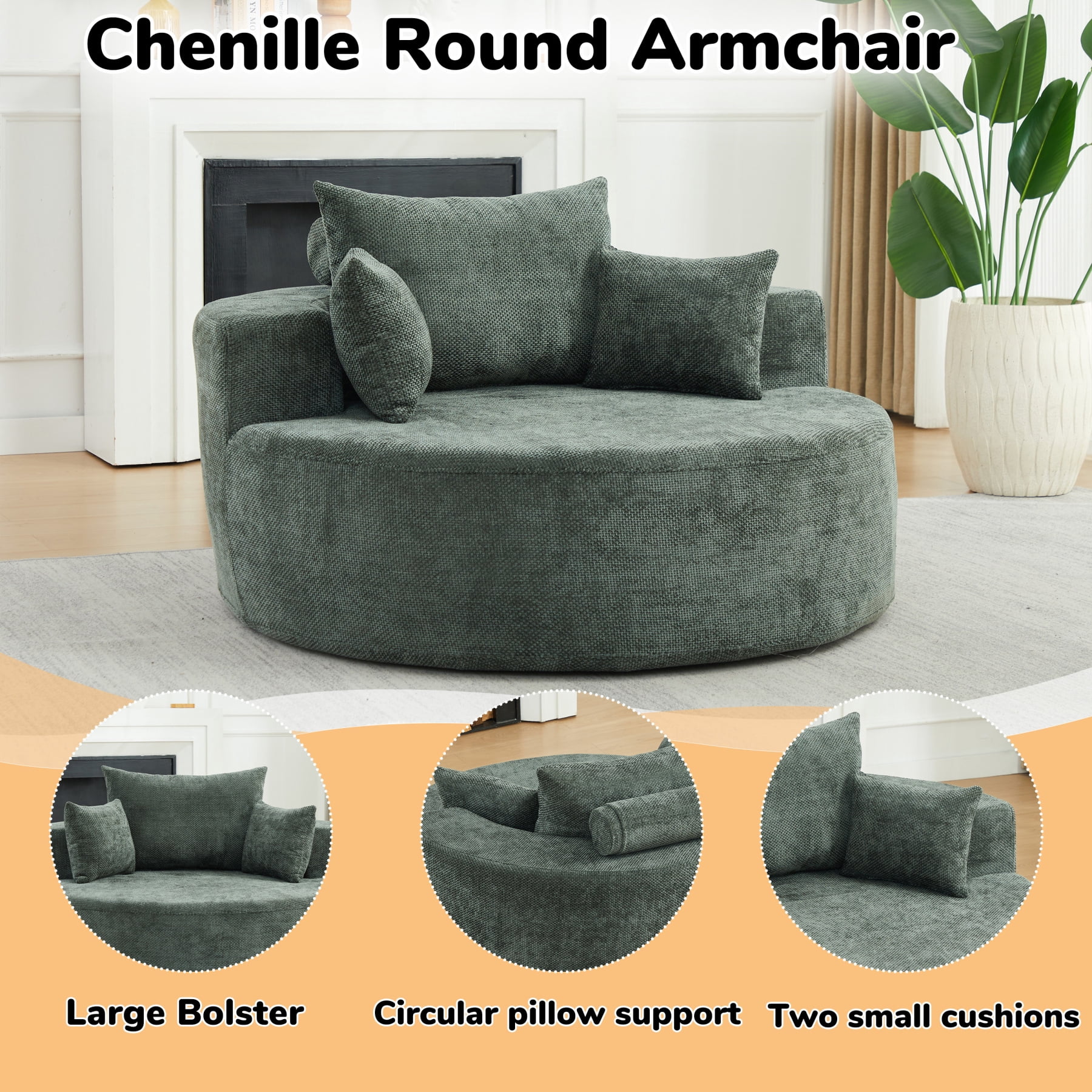 Leumius 55'' Oversized Round Chaise Longue Chair,Upholstered Chenille Single Cloud Circle Sofa Chair with Deep Seat,Fluffy Modern Sleeper Sofa Bed for Reading,Living Room,Bedroom,